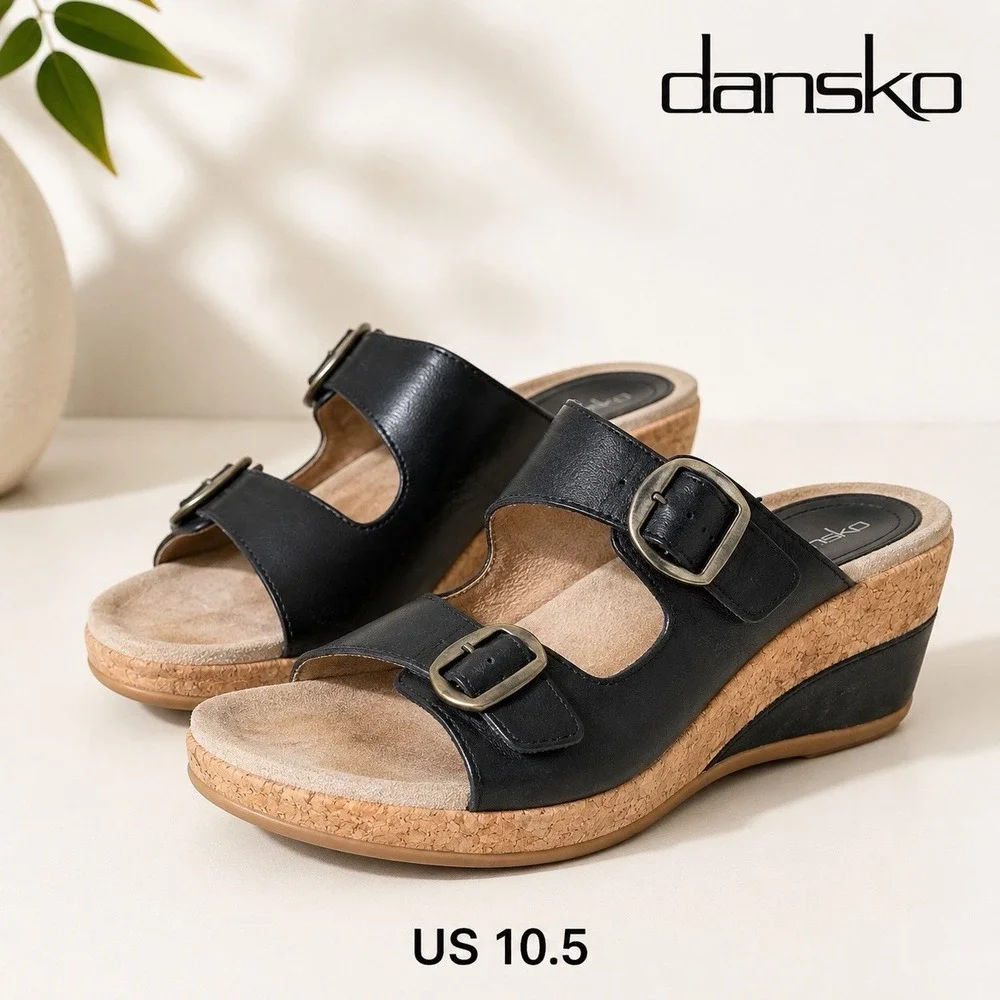 Dansko Carla Women's Black Leather Cork Wedge Slide Sandals Size 10.5 EU 41